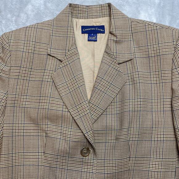 Vintage Charter Club Wool Blend Blazer Jacket Womens 4 Tan Glen Plaid Equestrian - Picture 1 of 12